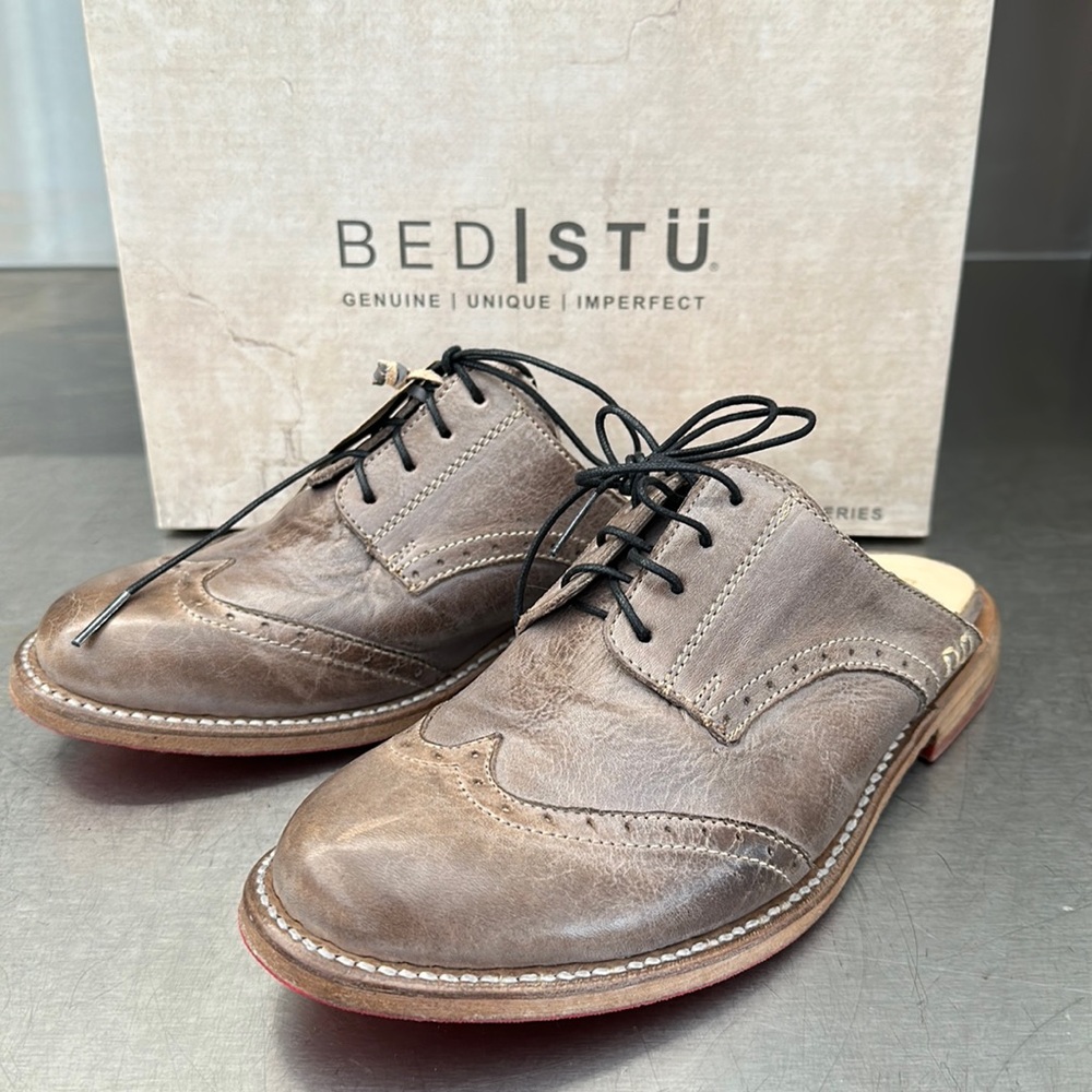 Bed Stu Channing Oxford Mules in light gray leather. New in Box.